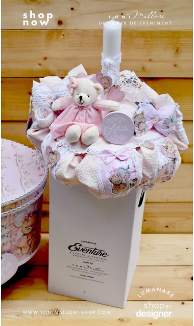 Lumanare de botez cu ursuleti roz, dantela roz si pattern floral cu trandafiri Teddy Bear Pink 2